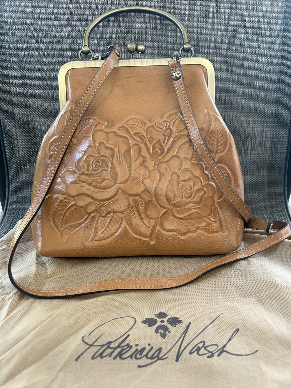 Patricia Nash Tan Embossed Leather Frame Satchel Kisslock